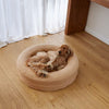 Golden dog resting comfortably on a beige pet bed