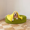 Golden Retriever lying on a green dog bed with a yellow blanket draped over its head