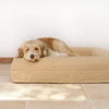 A fluffy dog rests comfortably on a large beige pet bed.