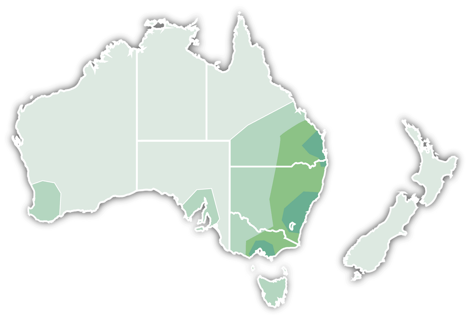 Map highlighting Barney Bed delivery areas in Australia and New Zealand