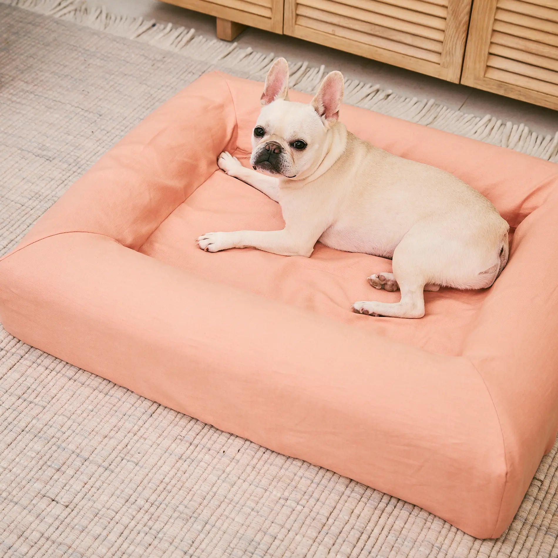French Bulldog relaxing on a linen pink dog bed