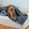 Dog resting on a grey pet bed wrapped in a soft blanket